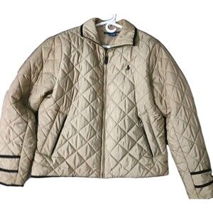 Ralph Lauren Women Quilted  Jacket Size L Tan Black Zip Preppy Pockets